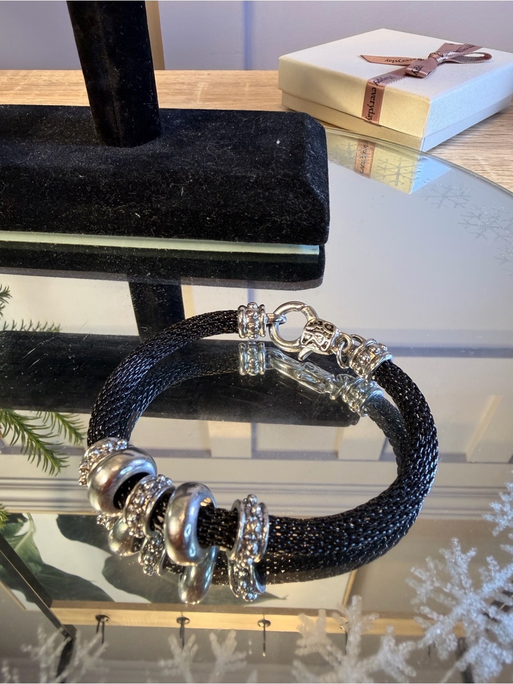 Black Mesh Bracelet with Silver Accent Beads